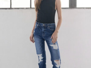 KAN CAN HIGH RISE DARK WASH DISTRESSED SLIM STRAIGHT