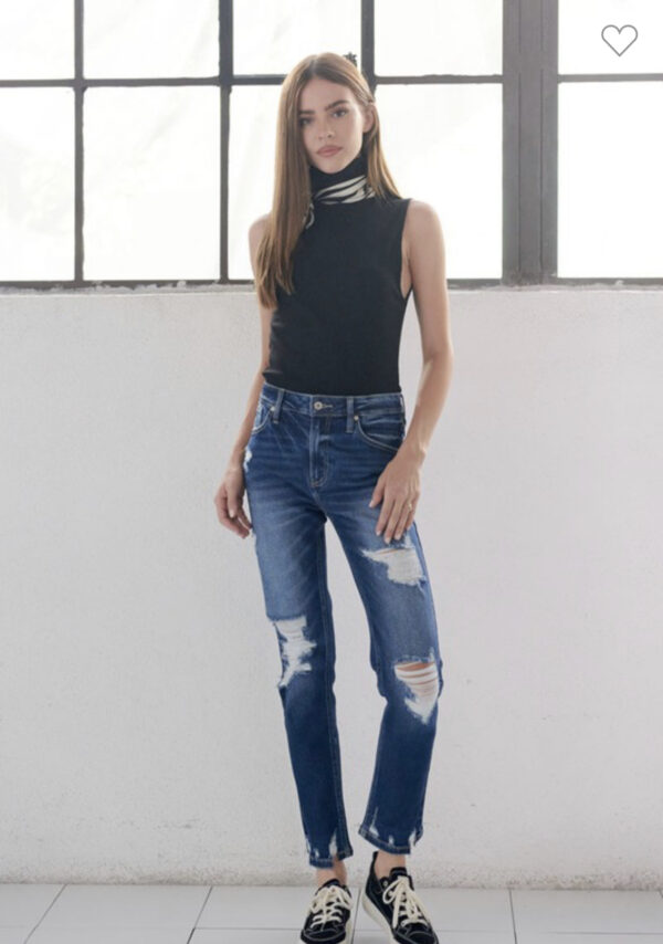 KAN CAN HIGH RISE DARK WASH DISTRESSED SLIM STRAIGHT