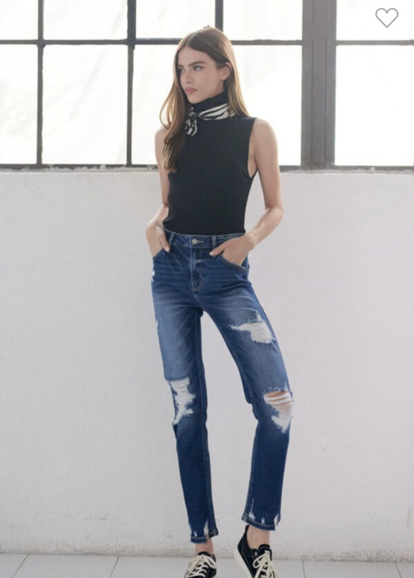 KAN CAN HIGH RISE DARK WASH DISTRESSED SLIM STRAIGHT - Image 2
