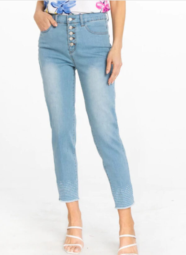 MULTIPLES BUTTON FLY FRINGE HEM ANKLE JEAN