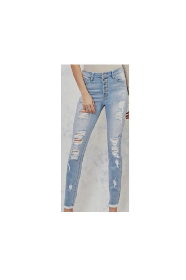 KAN CAN HIGH RISE LIGHT WASH BUTTON DOWN ANKLE SKINNY