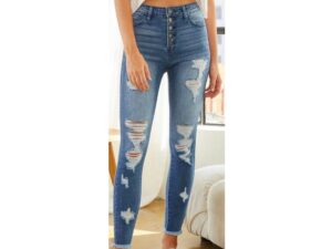 KAN CAN HIGH RISE MEDIUM WASH BUTTON DOWN ANKLE SKINNY