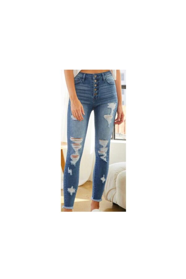 KAN CAN HIGH RISE MEDIUM WASH BUTTON DOWN ANKLE SKINNY