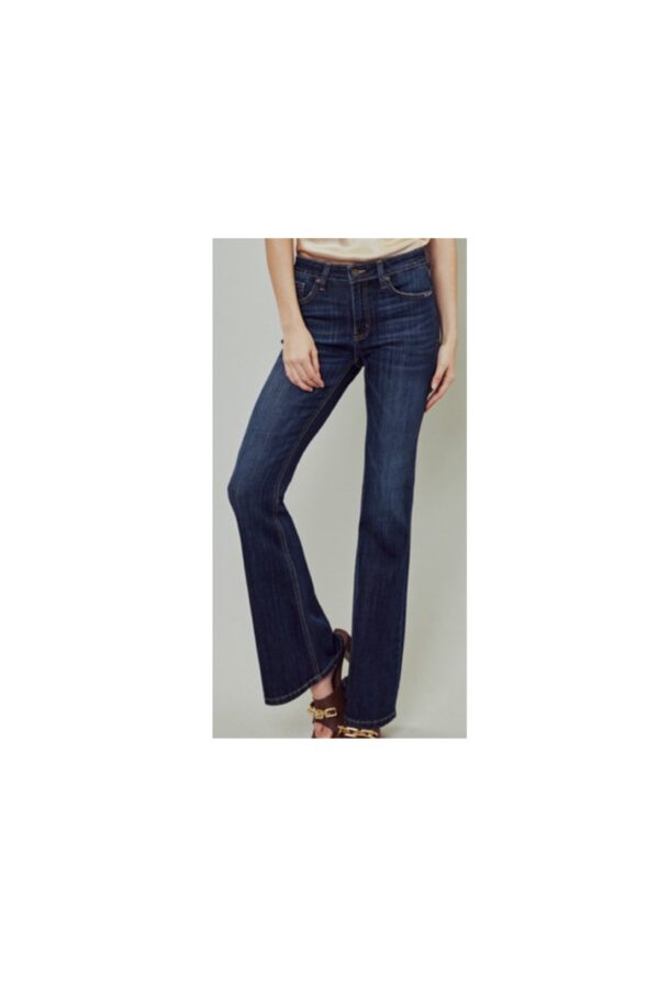 KAN CAN PETITE DARK WASH MID RISE FLARE