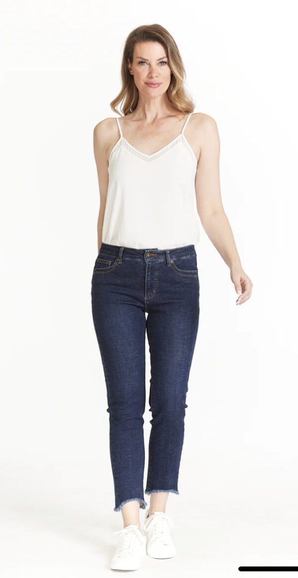 MULTIPLES DENIM FRINGE HEM ANKLE JEANS