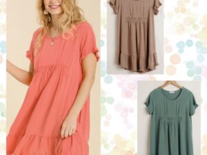LINEN BLEND SHORT SLEEVE RUFFLE TRIM DRESS
