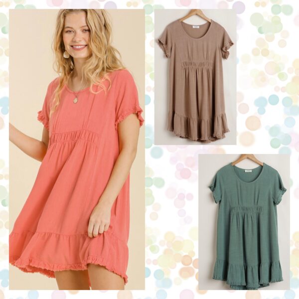 LINEN BLEND SHORT SLEEVE RUFFLE TRIM DRESS
