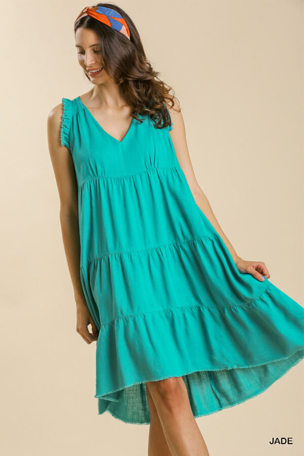 LINEN BLEND V-NECK MIDI DRESS