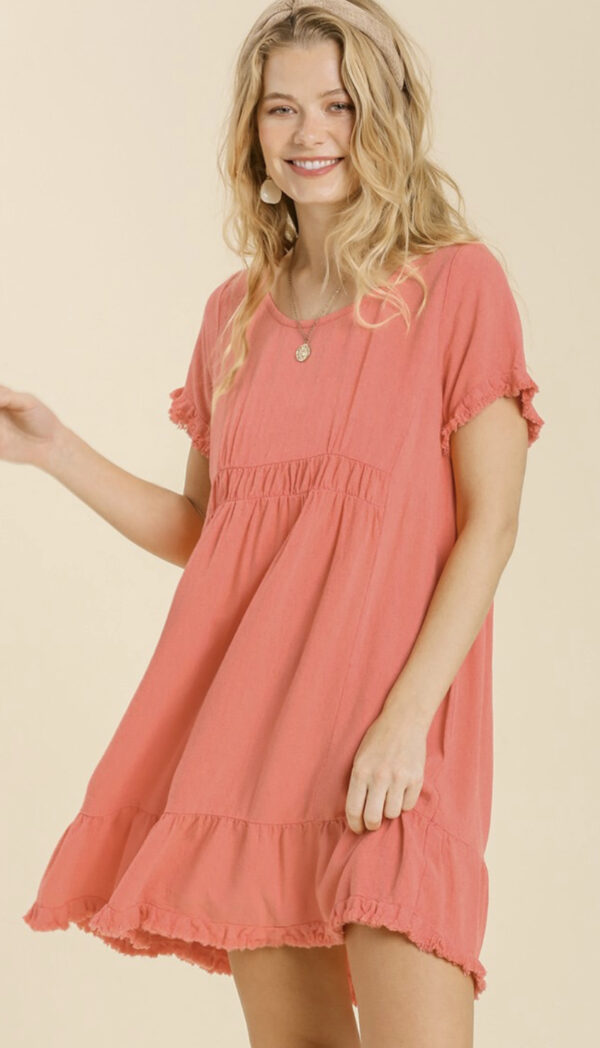 LINEN BLEND SHORT SLEEVE RUFFLE TRIM DRESS - Image 4
