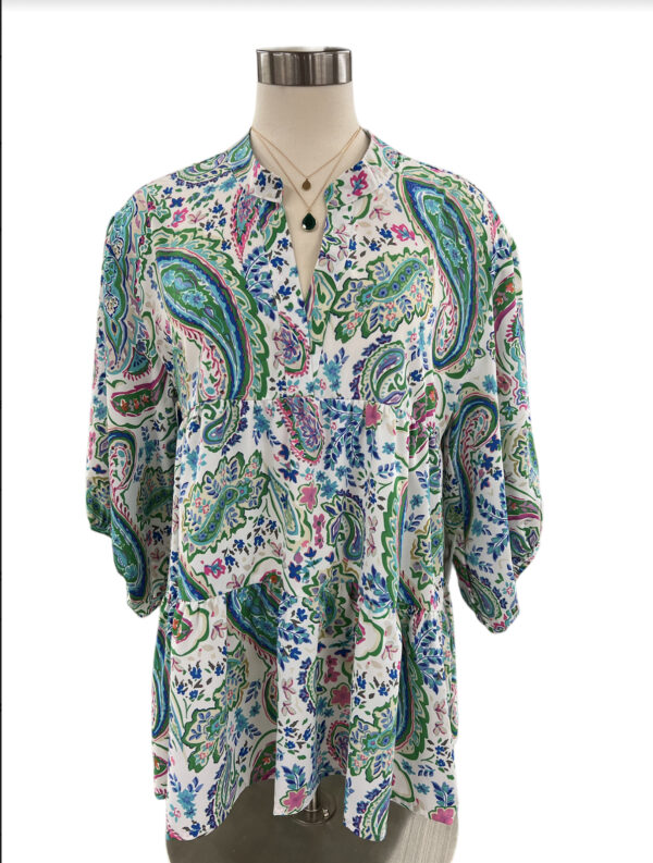PAISLEY PRINT V-NECK BABYDOLL TOP
