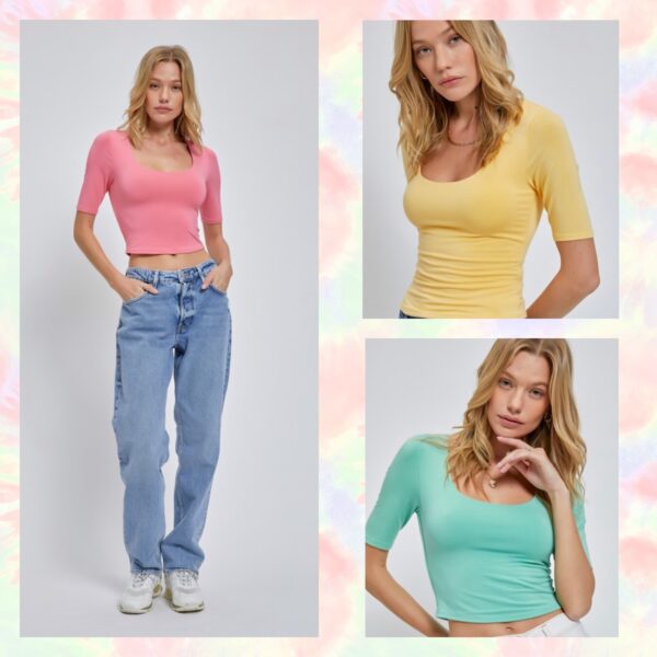 SCOOP NECK SHORT SLEEVE CROP KNIT TOP
