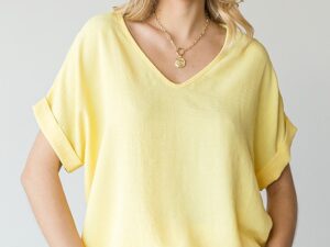 SOLID V-NECK ROLL SLEEVE TOP