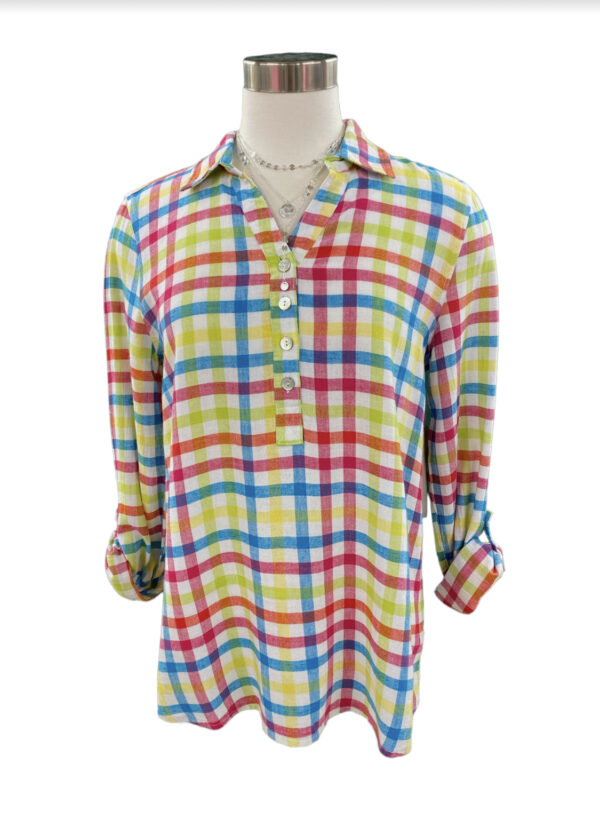 MULTIPLES TAB SLEEVE PLAID COLLARED SHIRT*NOW 75% OFF*