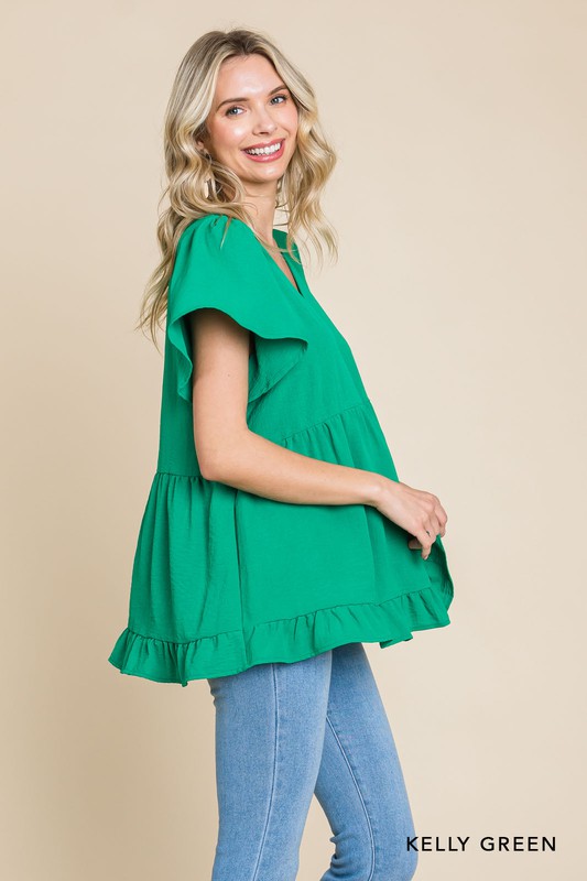 V-NECK TIERED RUFFLE SLEEVE TOP - 6th Street Fashions and Footwear