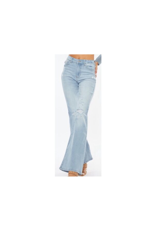KAN CAN LIGHT WASH HIGH RISE DESTRUCTED FLARE