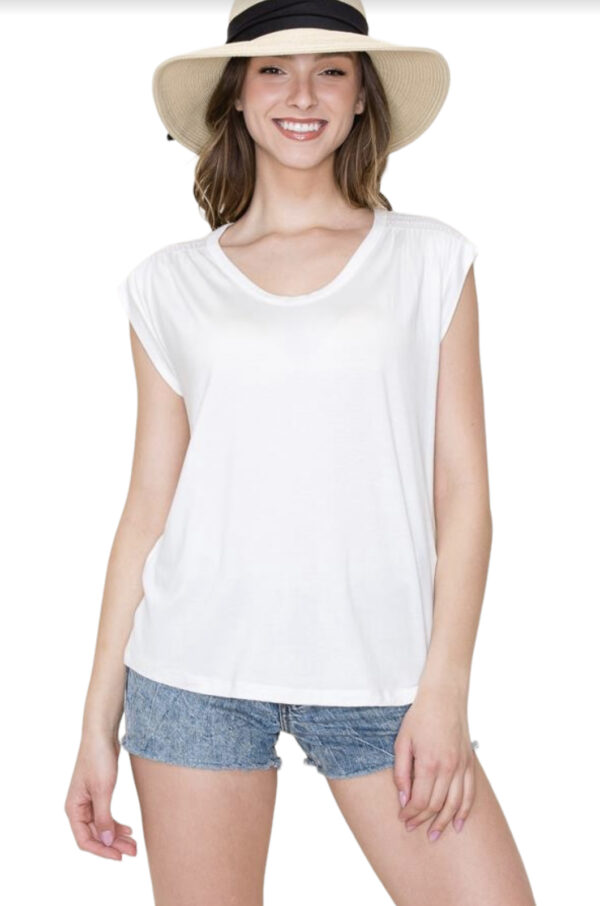 SMOCKED SHOULDER KNIT TOP