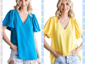 V-NECK WOVEN PUFF SLEEVE BLOUSE