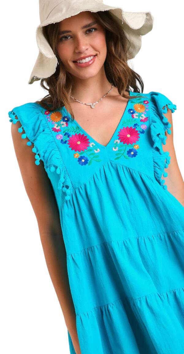 EMBROIDERED POM TRIM RUFFLE HEM DRESS - Image 6