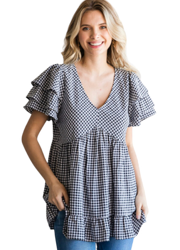 GINGHAM V-NECK BABYDOLL TOP