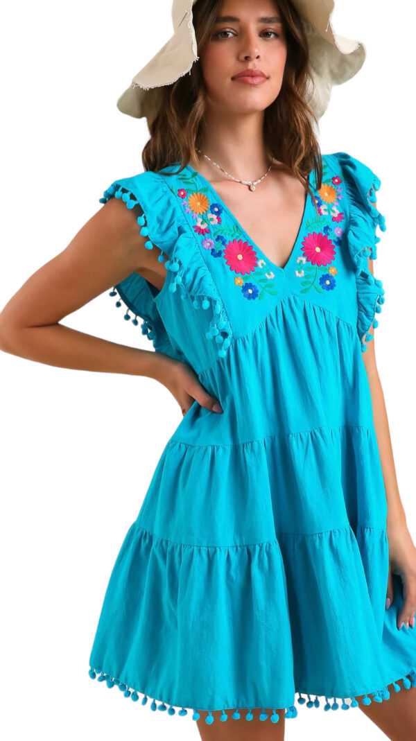 EMBROIDERED POM TRIM RUFFLE HEM DRESS