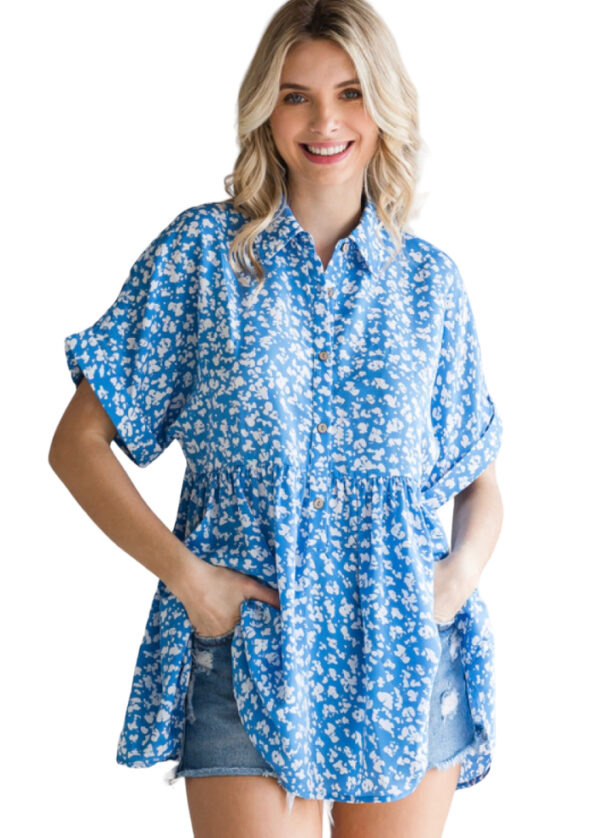 BLUE FLORAL COLLARED BABYDOLL TOP - Image 2
