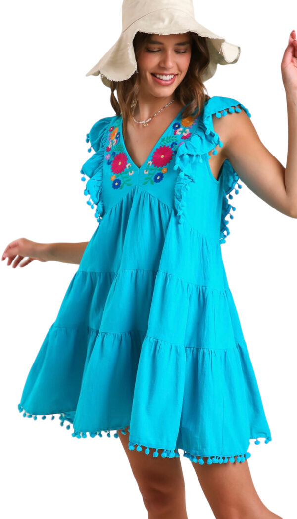 EMBROIDERED POM TRIM RUFFLE HEM DRESS - Image 3