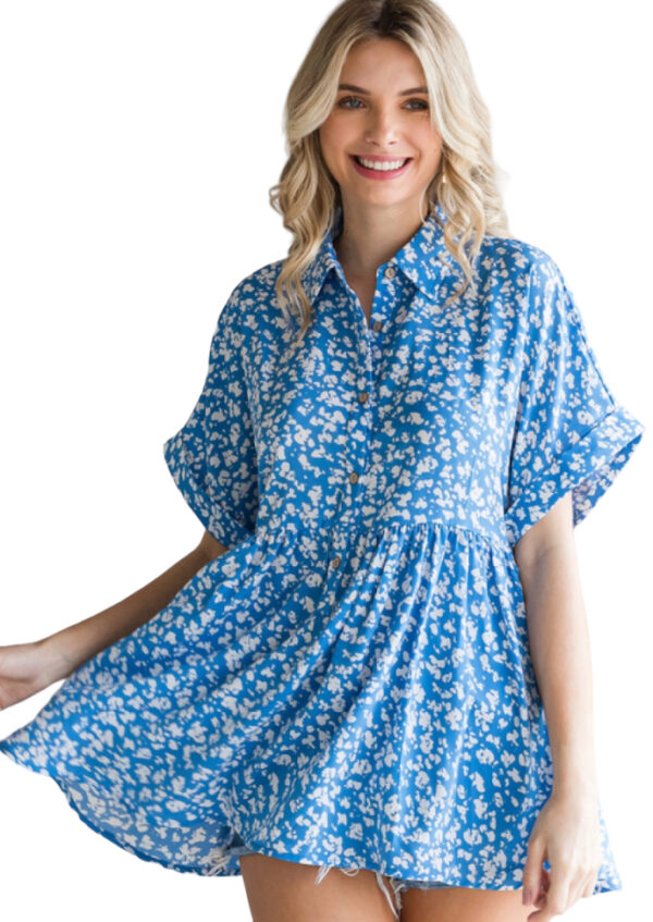 BLUE FLORAL COLLARED BABYDOLL TOP