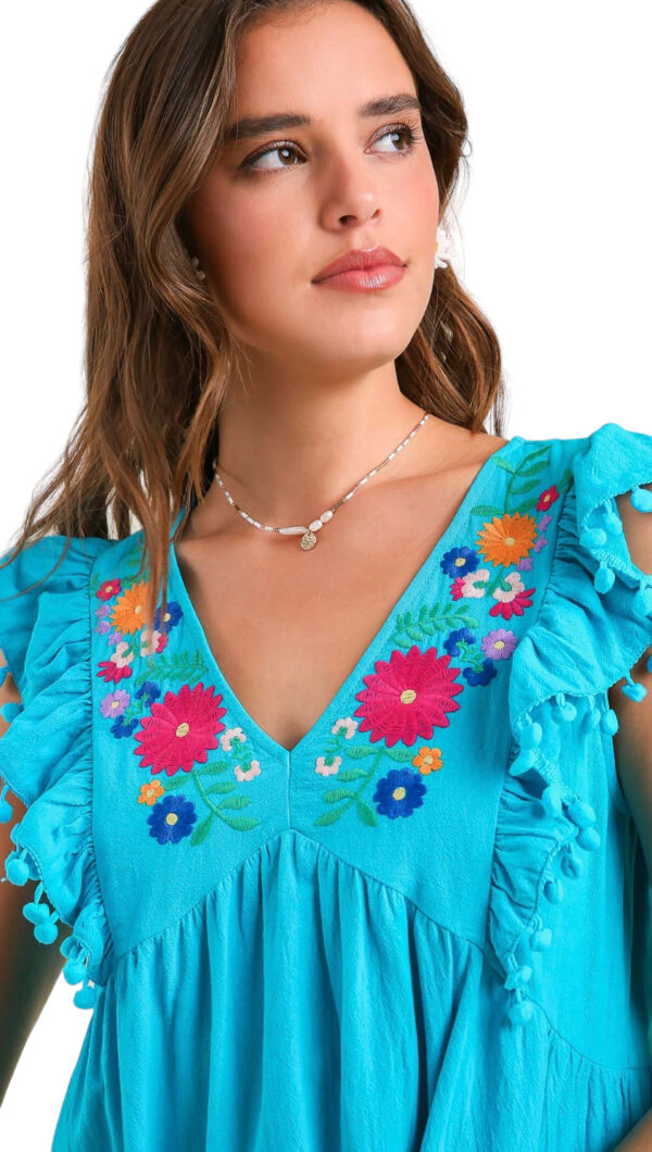 EMBROIDERED POM TRIM RUFFLE HEM DRESS - Image 2
