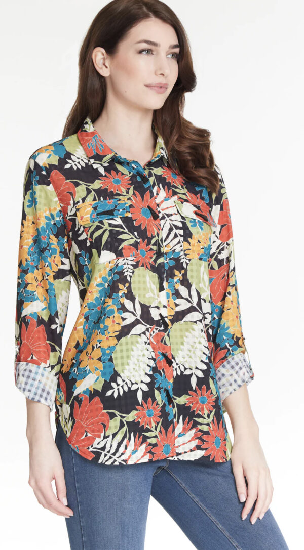 MULTIPLES PRINT HI LO BUTTON FRONT BLOUSE*NOW 75% OFF*
