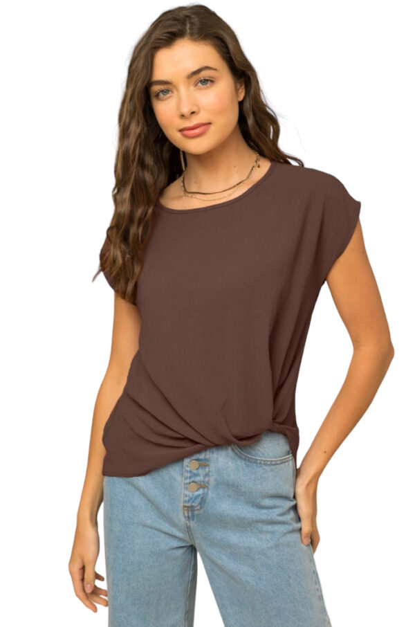 SHORT SLEEVE FRONT KNOT DETAIL BLOUSE - COFFEE