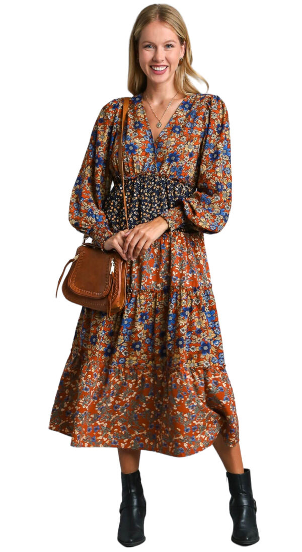 MULTI PRINT TIERED MIDI DRESS