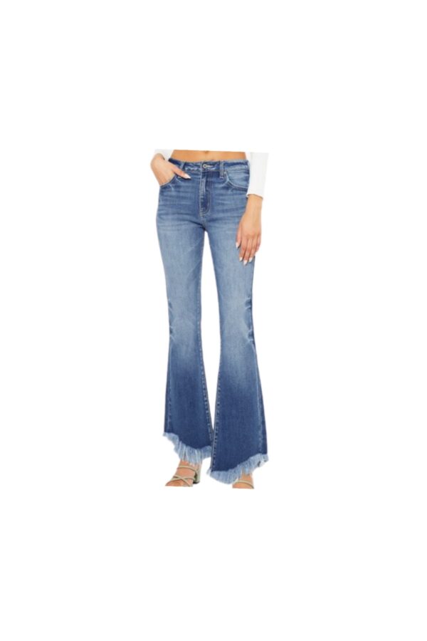 KAN CAN HIGH RISE ANGLE FRINGE HEM BOOTCUT