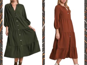 3/4 SLEEVE TIERED MIDI DRESS