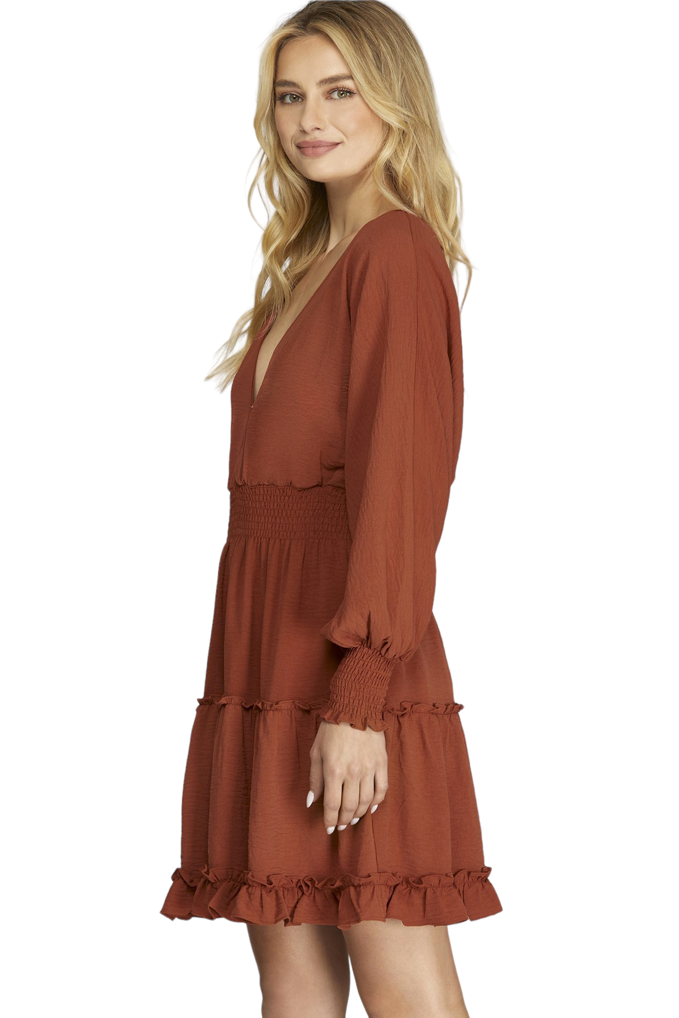 LONG SLEEVE SMOCKED WAIST V-NECK DRESS - 6th Street Fashions and Footwear