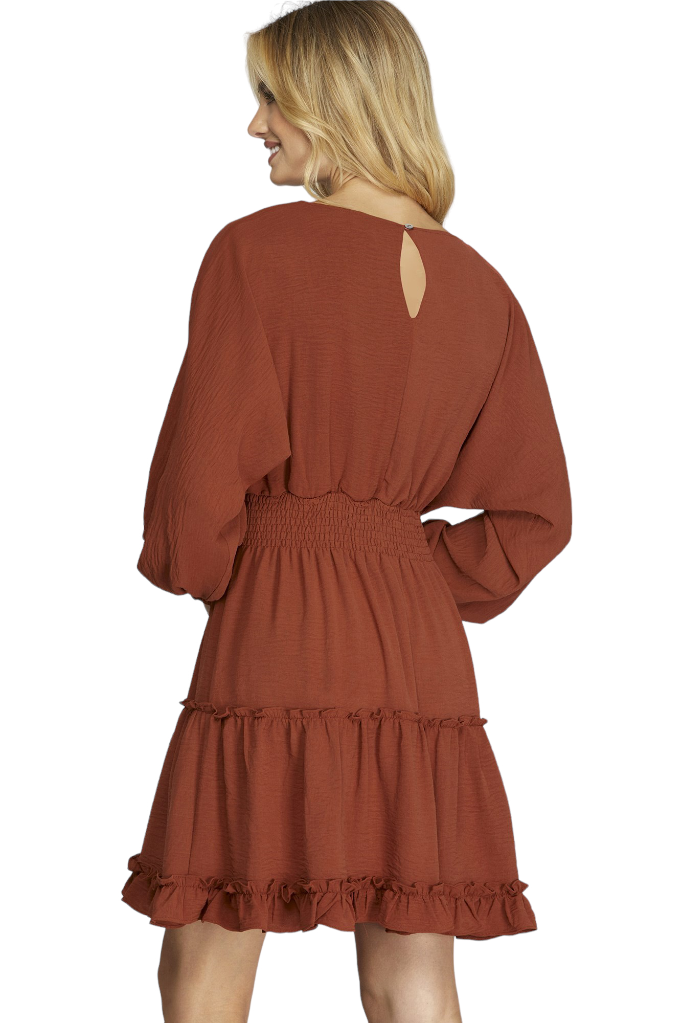 LONG SLEEVE SMOCKED WAIST V-NECK DRESS - 6th Street Fashions and Footwear