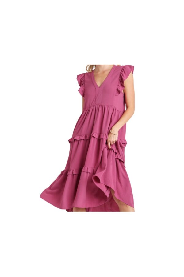 RUFFLE TRIM TIERED MIDI DRESS