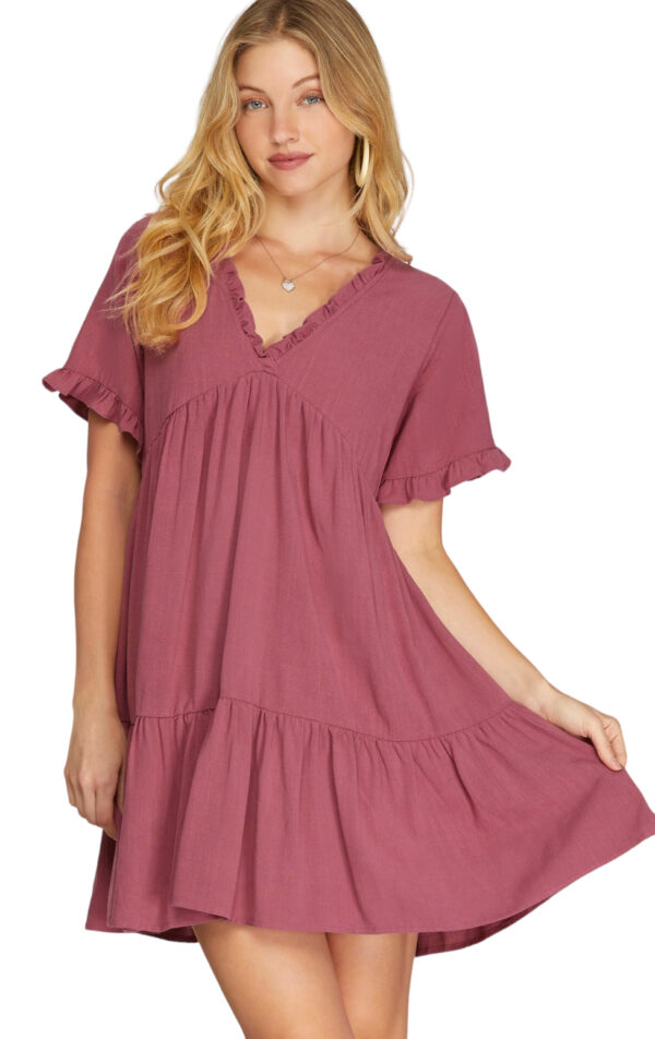 SHORT SLEEVE V-NECK TIERED WOVEN DRESS - Image 6