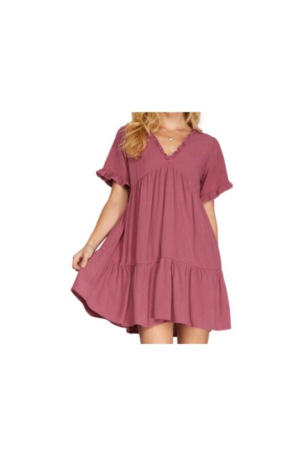 SHORT SLEEVE V-NECK TIERED WOVEN DRESS