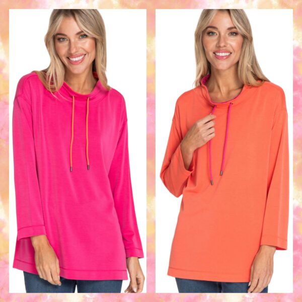 MULTIPLES 3/4 SLEEVE DRAWSTRING MOCK NECK TOP