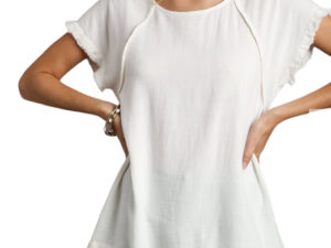 LINEN BLEND SHORT SLEEVE PIN TUCK HI LO TOP