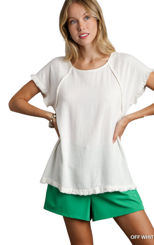 LINEN BLEND SHORT SLEEVE PIN TUCK HI LO TOP