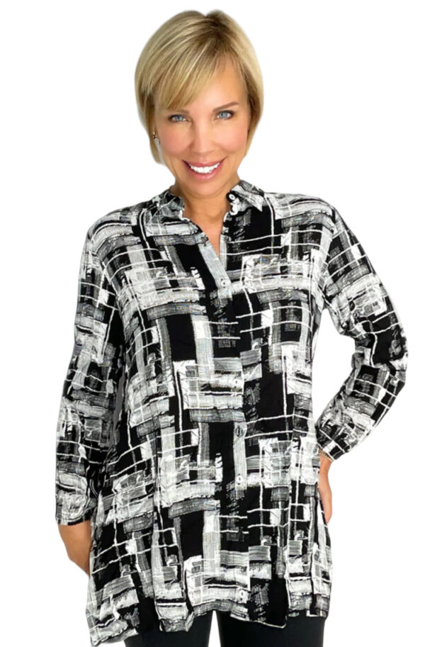 ETHYL HI-LO BLACK & WHITE PRINT BLOUSE