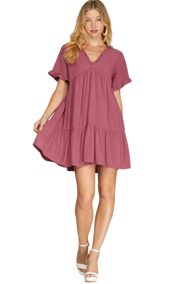 SHORT SLEEVE V-NECK TIERED WOVEN DRESS - Image 2