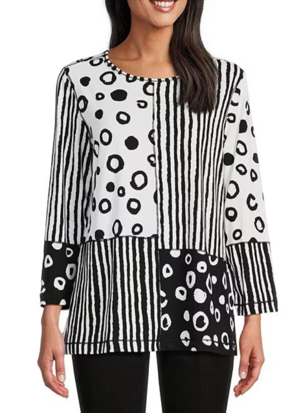 MULTIPLES 3/4 SLEEVE WHITE & BLACK PRINT KNIT TOP - Image 4
