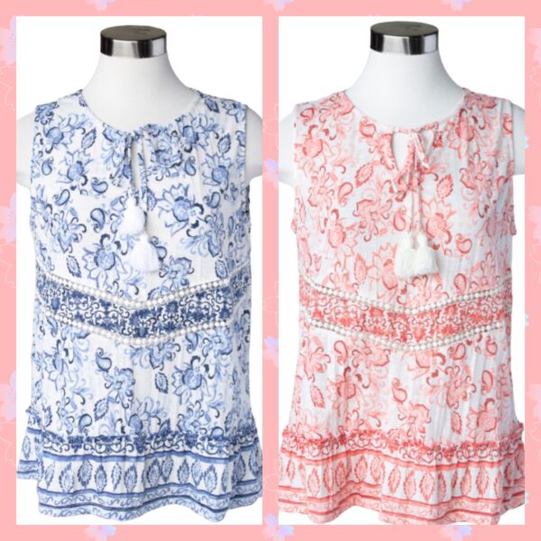KEREN HART TIE FRONT WOVEN PRINT TANK