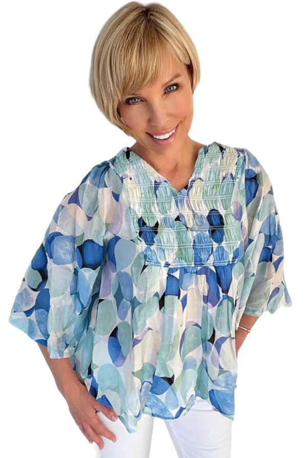 ETHYL DOT PRINT SMOCKED V-NECK BLOUSE