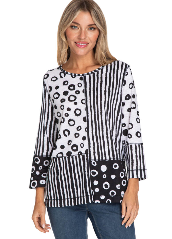MULTIPLES 3/4 SLEEVE WHITE & BLACK PRINT KNIT TOP