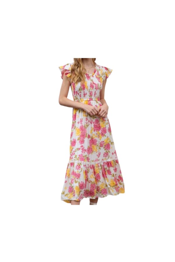 BLUPEPPER FLORAL SCOOP NECK SMOCKED MIDI