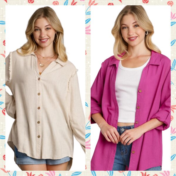 LINEN BLEND BUTTON FRONT BLOUSE