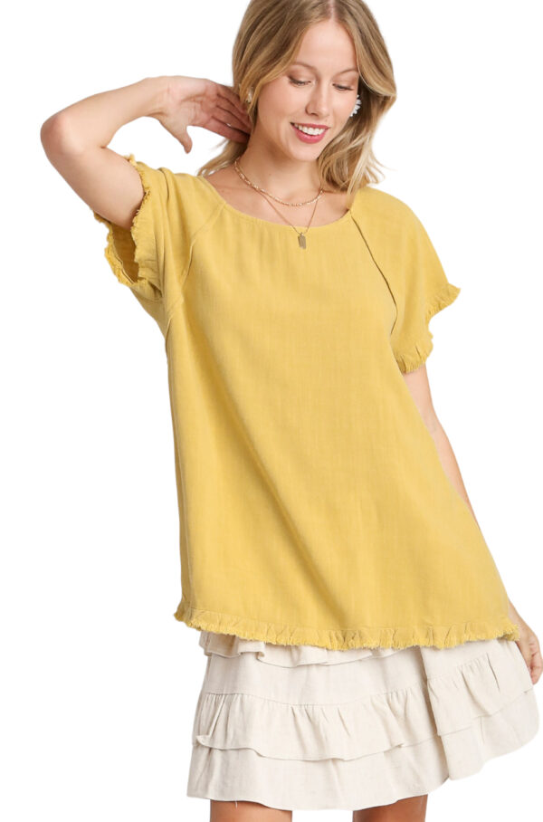 UMGEE LINEN BLEND SHORT SLEEVE PINTUCK HI LO TOP